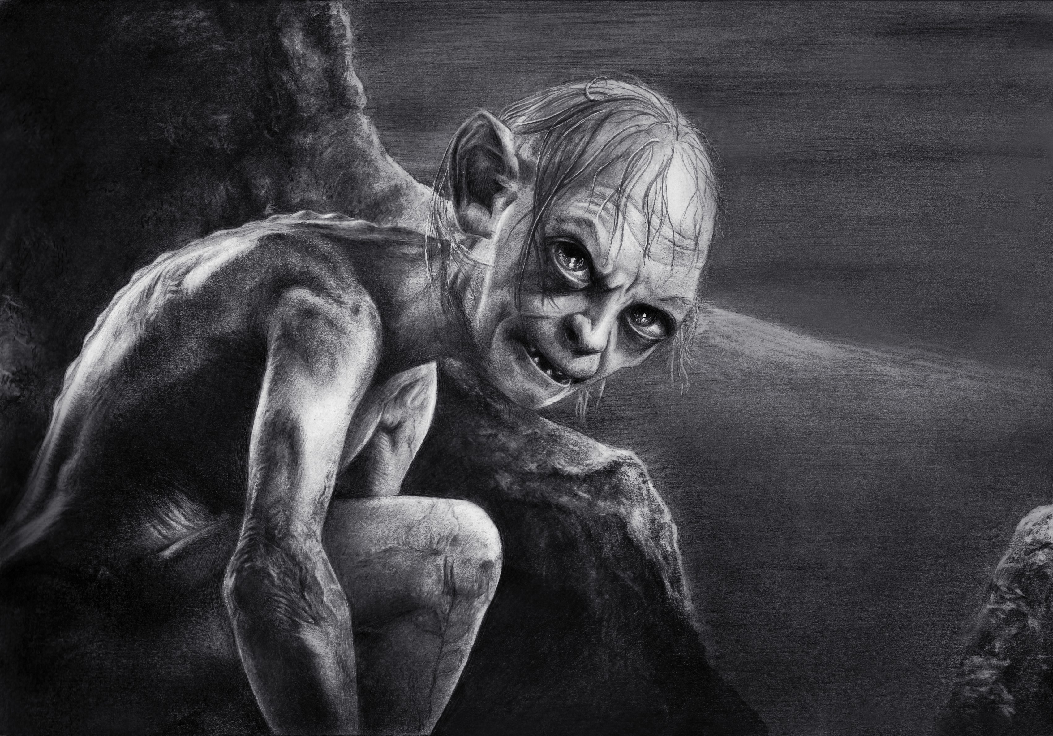 The hobbit an unexpected journe gollum painting art black and white glance
