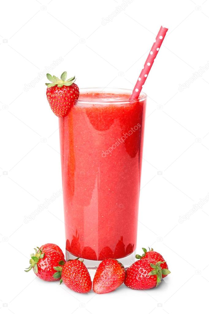 Strawberry smoothie on white background stock photo by belchonock