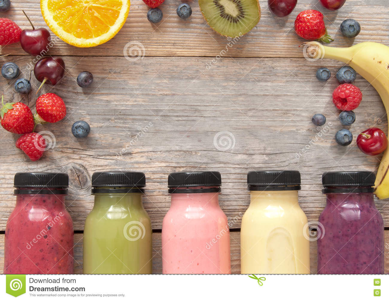 Fruit smoothies background with space stock photo