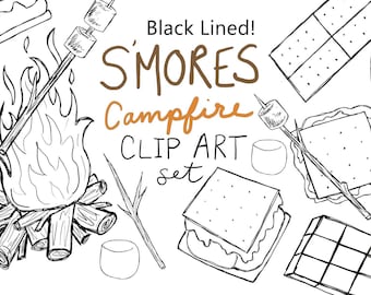 Black lined hand drawn smores clip art set digitally drawn clip art smores clip art campfire clip art hand drawn smores png format