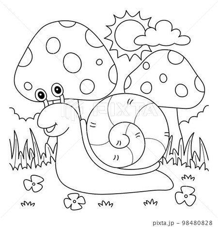 Spring snail with mushroom coloring page for kids