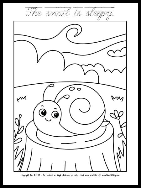 The snail is sleepy coloring page cursive font free printable â the art kit