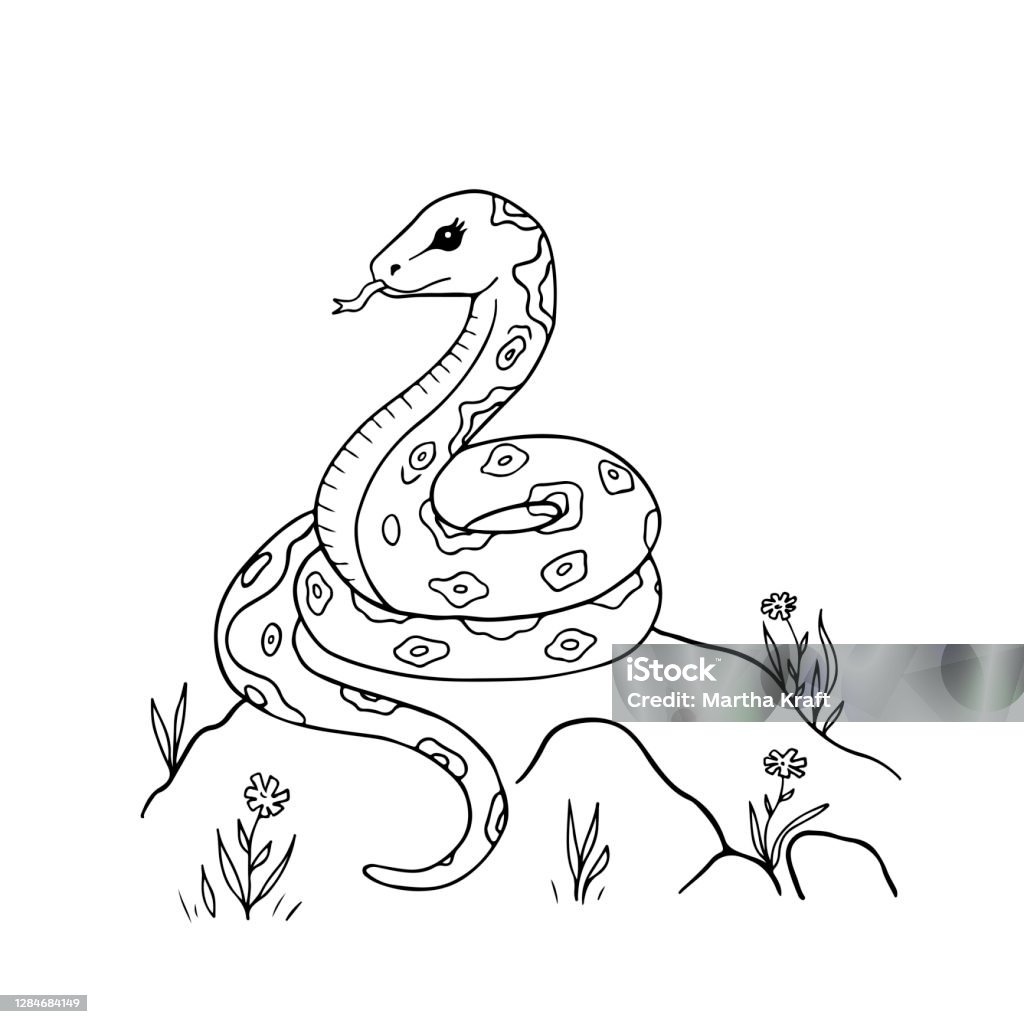 Cute cartoon snake for coloring page or book black and white outline vector eps illustration of animal character stock illustration