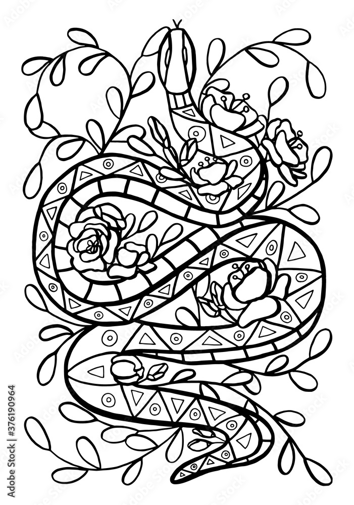 Outline vector illustration of snake serpent in flowers and leaves for anti
