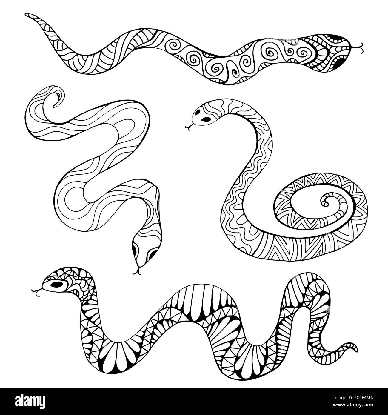 Coloring page collection with decorative ethnic snakes isolated on white background vector hand drawn illustration with ornamentals reptiles abstra stock vector image art