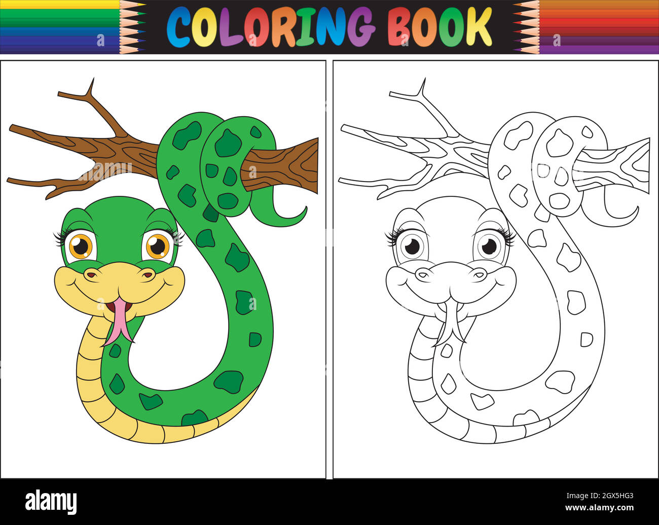 Coloring book with cute snake on tree branch stock vector image art