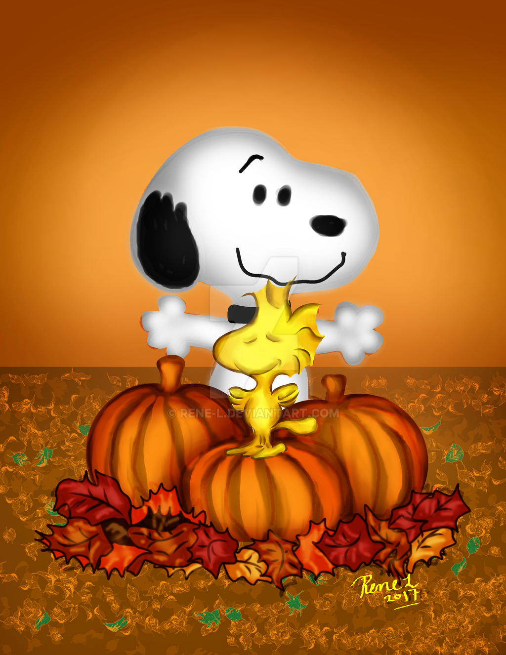 Snoopy and woodstock love fall by rene