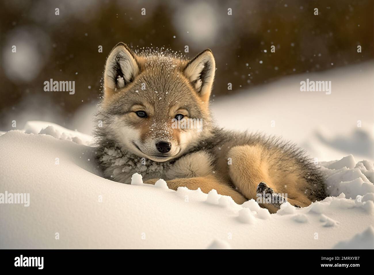 An ai generated illustration of a cute wolf cub sitting on the snow in the daylight stock photo