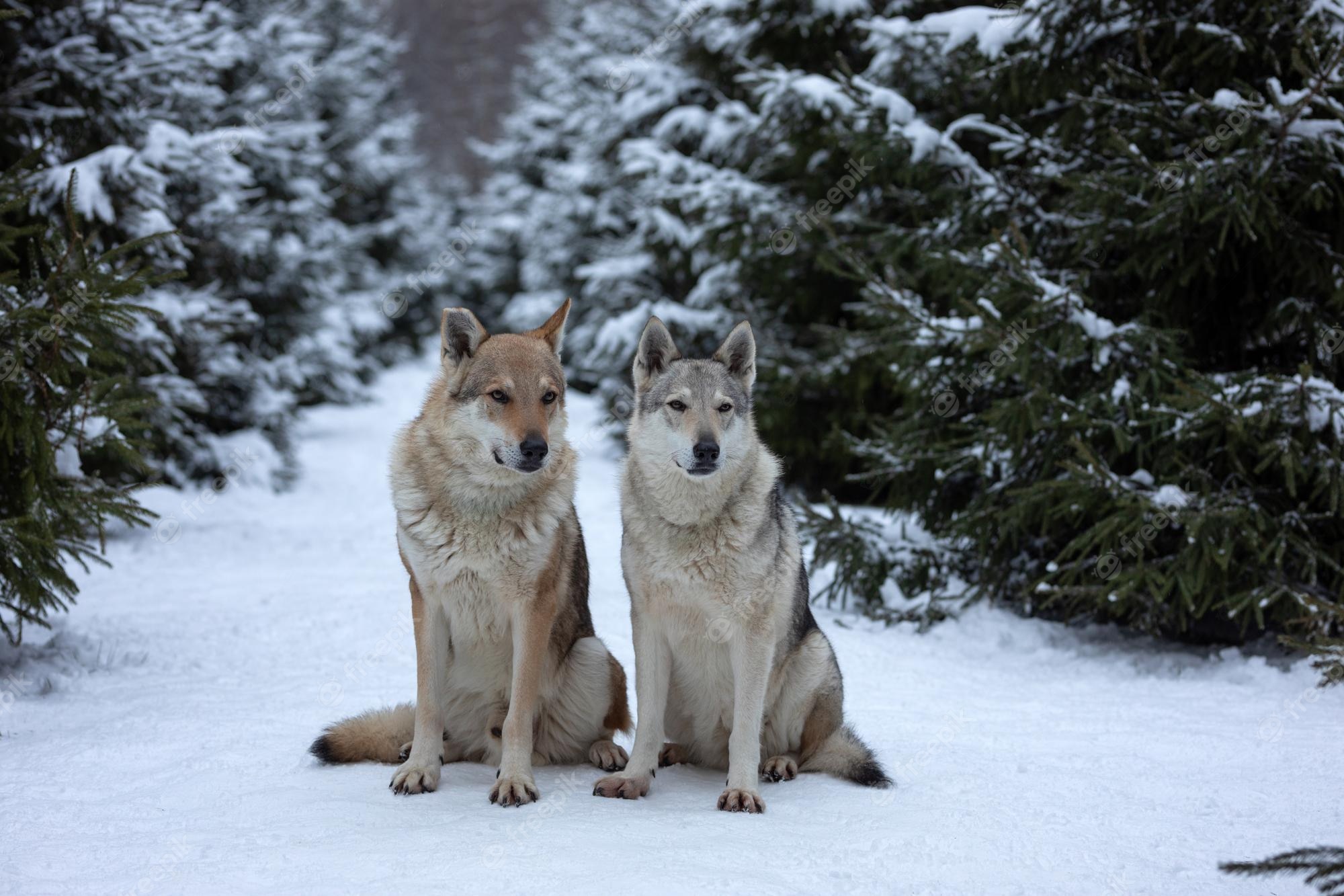 Premium photo a pair of wolves sitting on the snow in the winter forestxxa