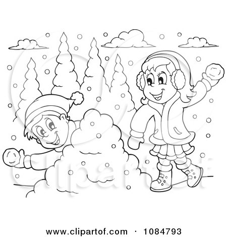 Clipart outlined boy and girl having a snowball fight