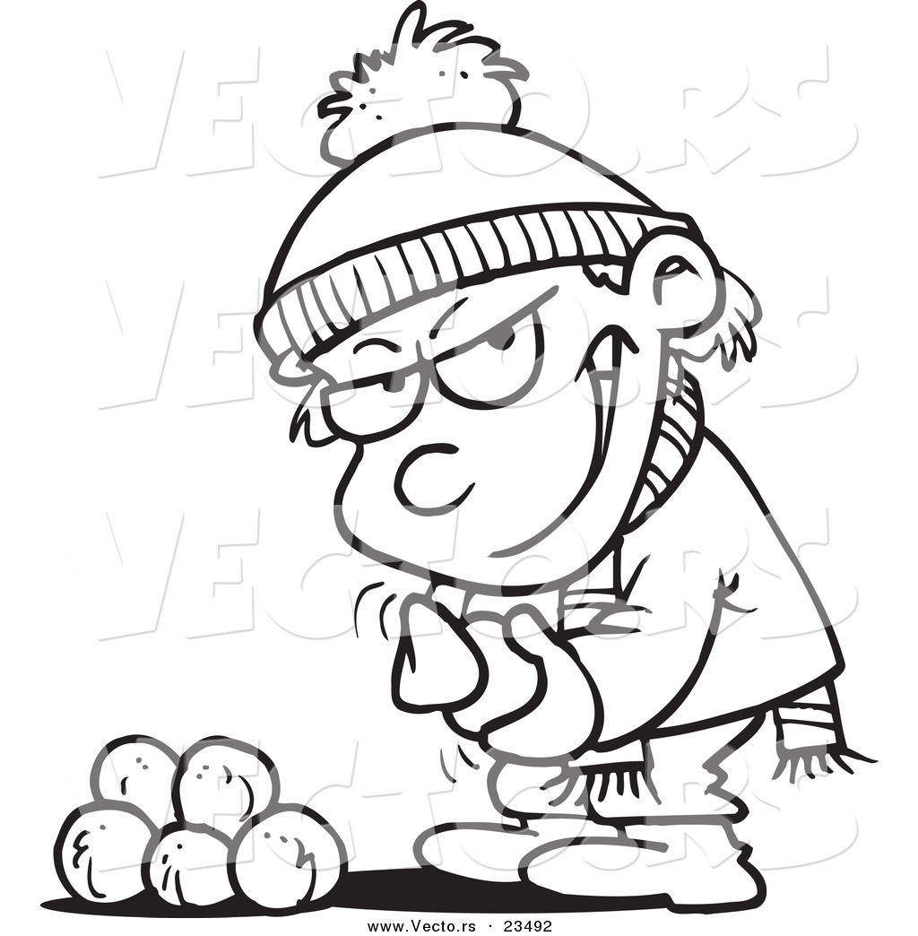 Cartoon r of cartoon boy gathering snowballs for a fight
