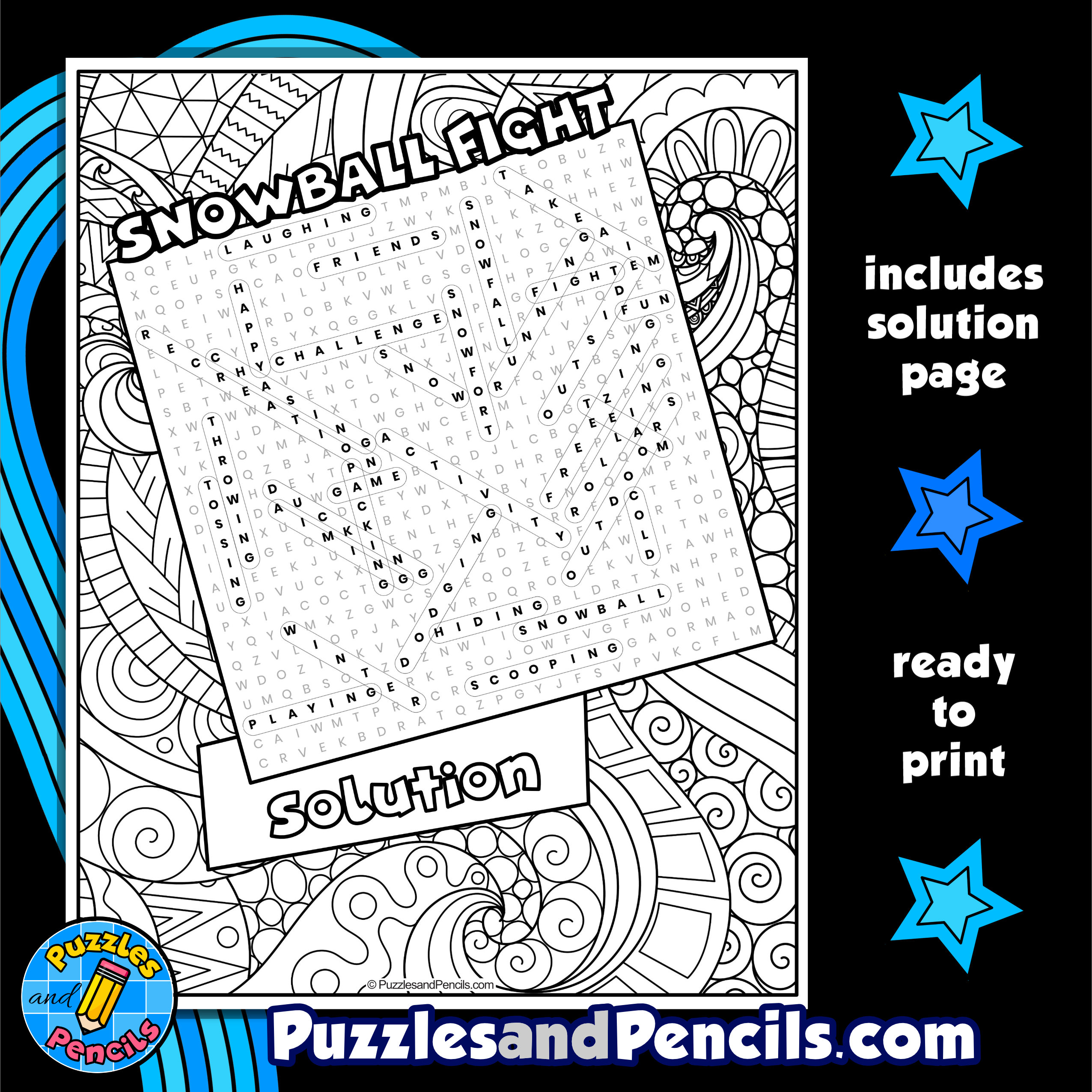 Snowball fight word search puzzle activity page with coloring seasons winter made by teachers