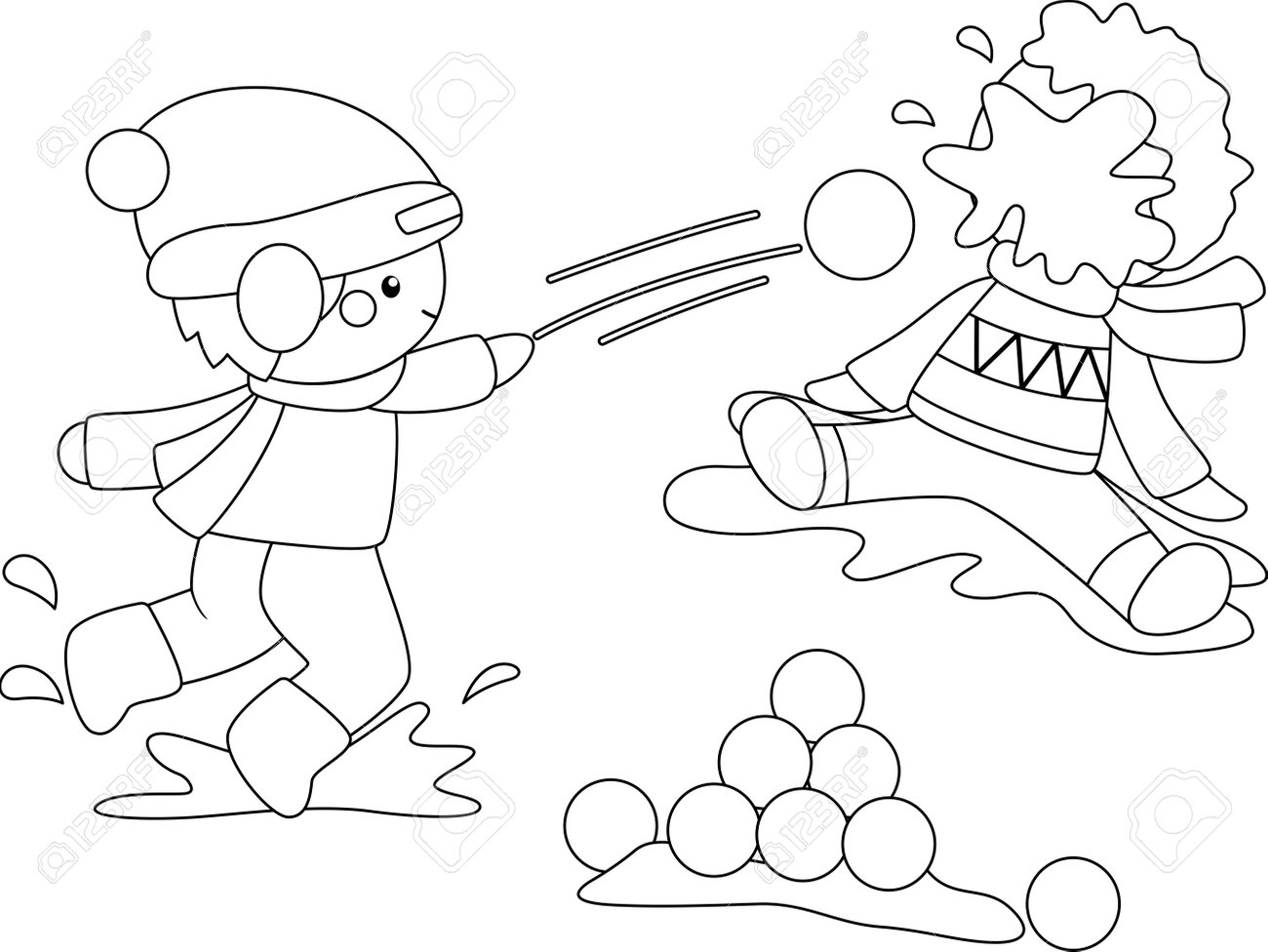 A vector of kids having snowball fight in black and white coloring royalty free svg cliparts vectors and stock illustration image