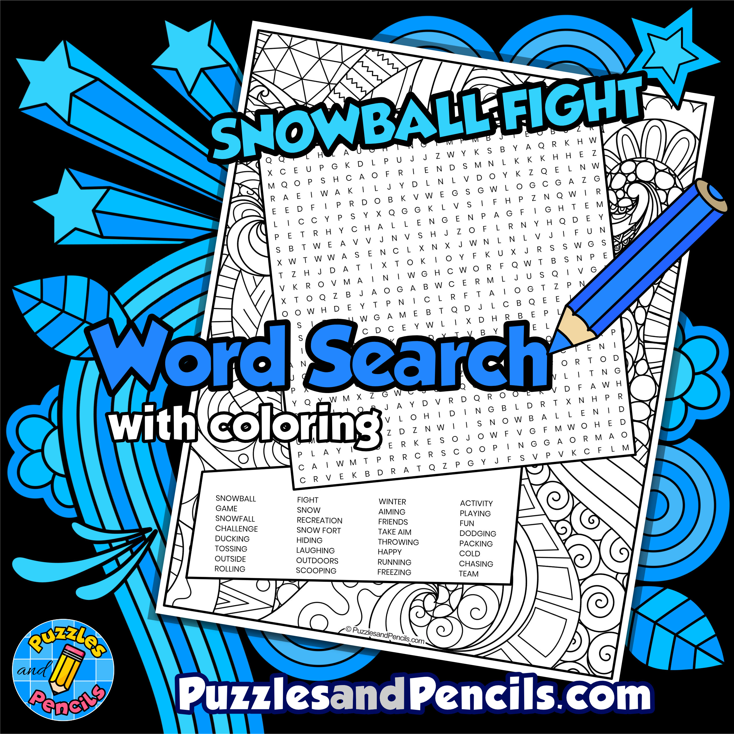 Snowball fight word search puzzle activity page with coloring seasons winter made by teachers