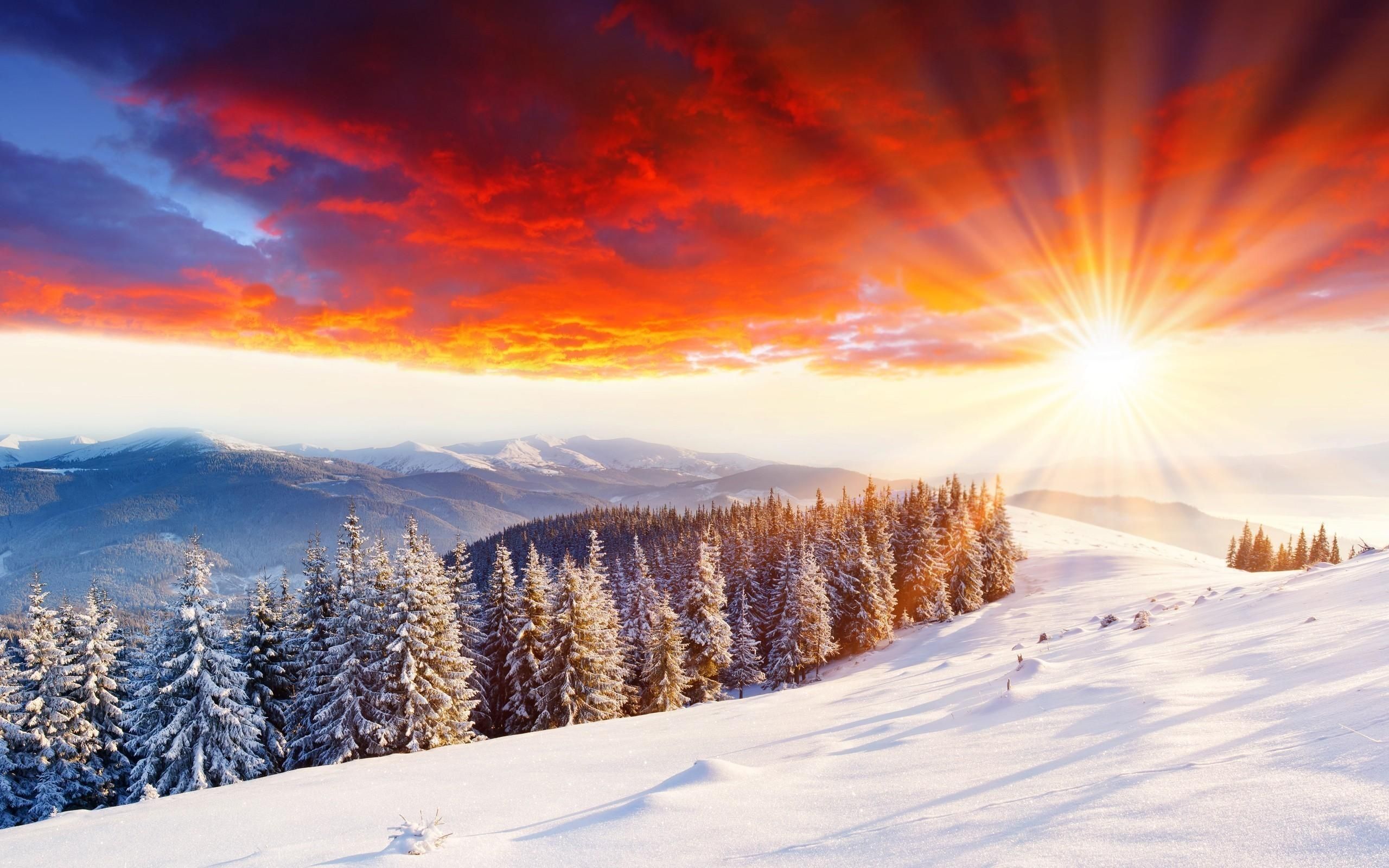 Wonderful sunset on snow mountain hill wallpapers