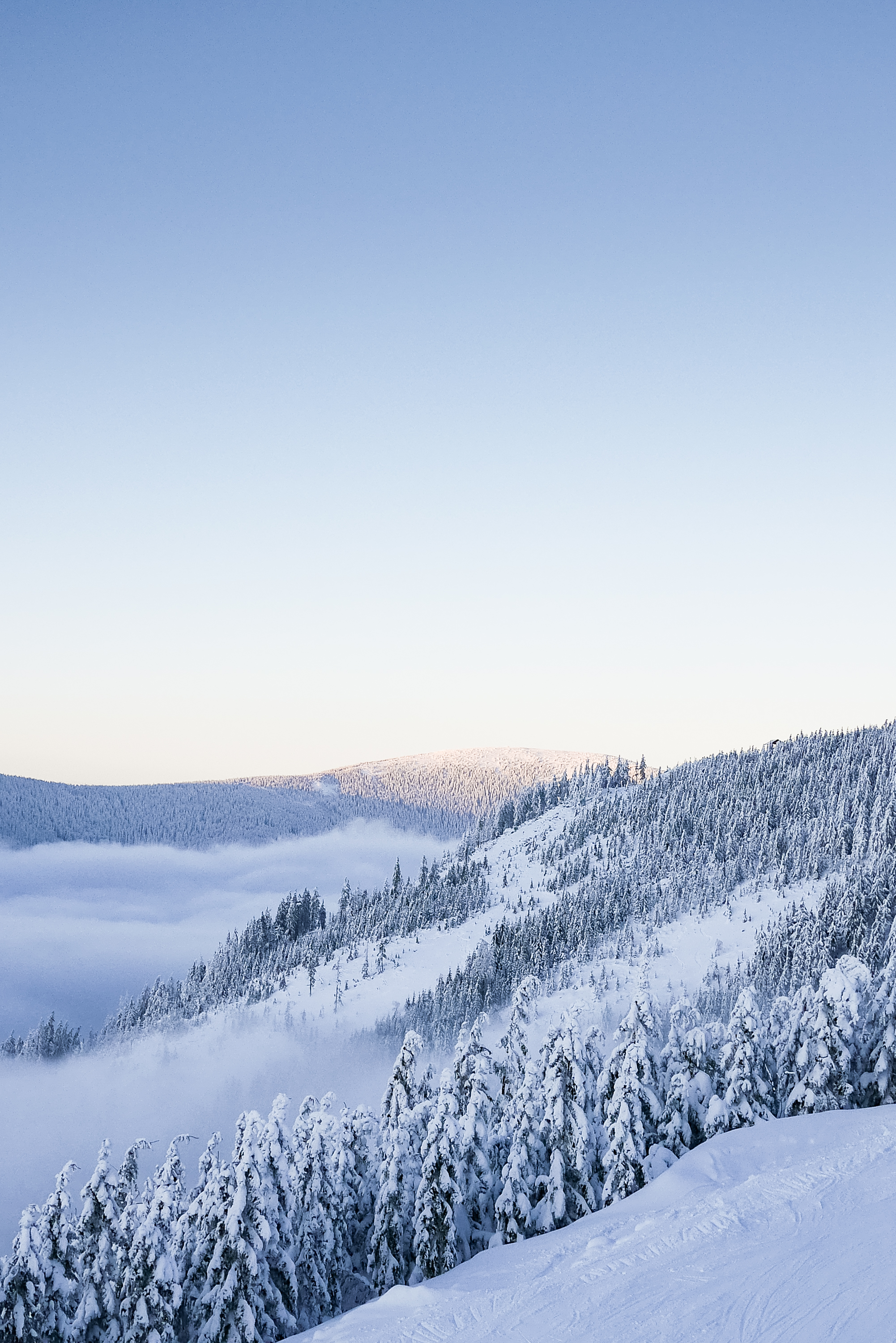 Snowy hills with cloudless sky free stock photo