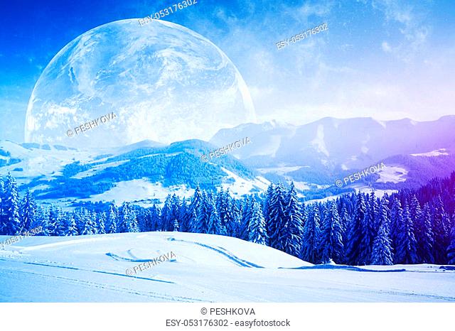 Beautiful snowy hills trees and huge moon wallpaperbackdropbackground stock photo picture and low budget royalty free image pic esy