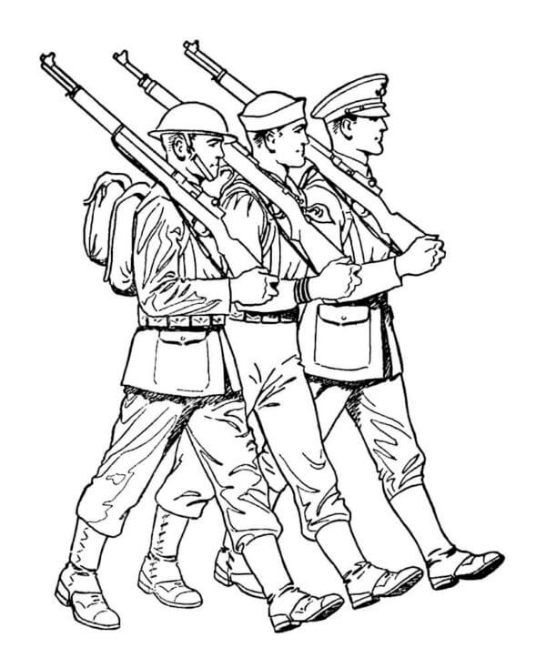 Three soldiers holding guns coloring page