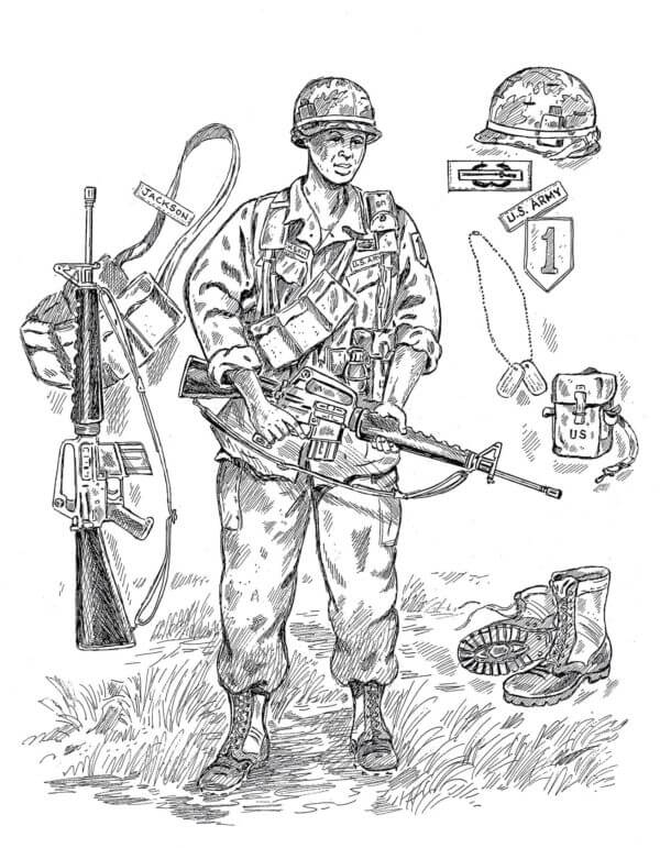 Soldiers and military equipment coloring page