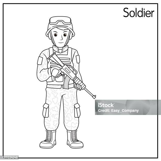 Vector illustration of soldier isolated on white background jobs and occupations concept cartoon characters education and school kids coloring page printable activity worksheet flashcard stock illustration