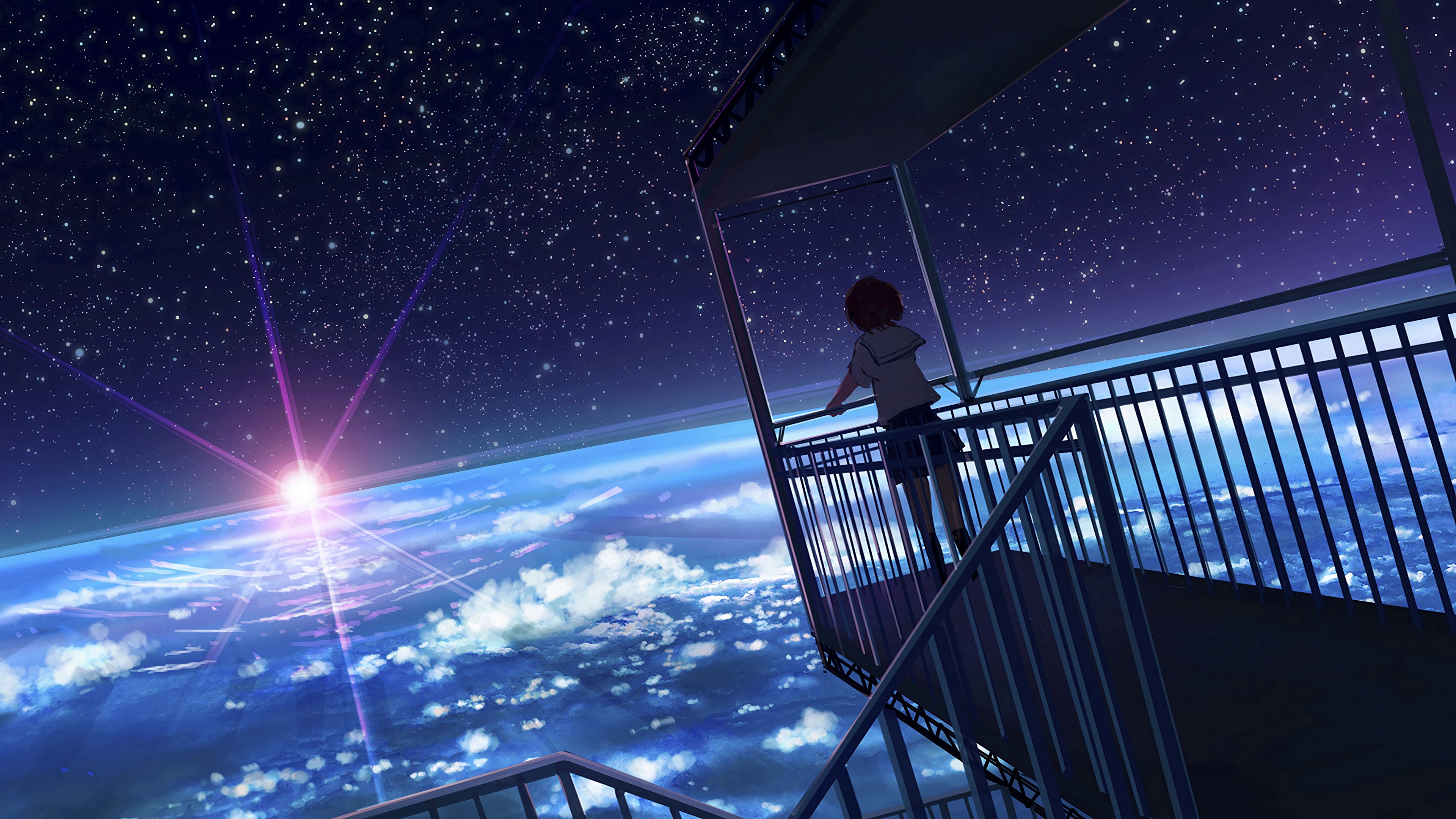 space anime girl white hair with astronaut anime art in space