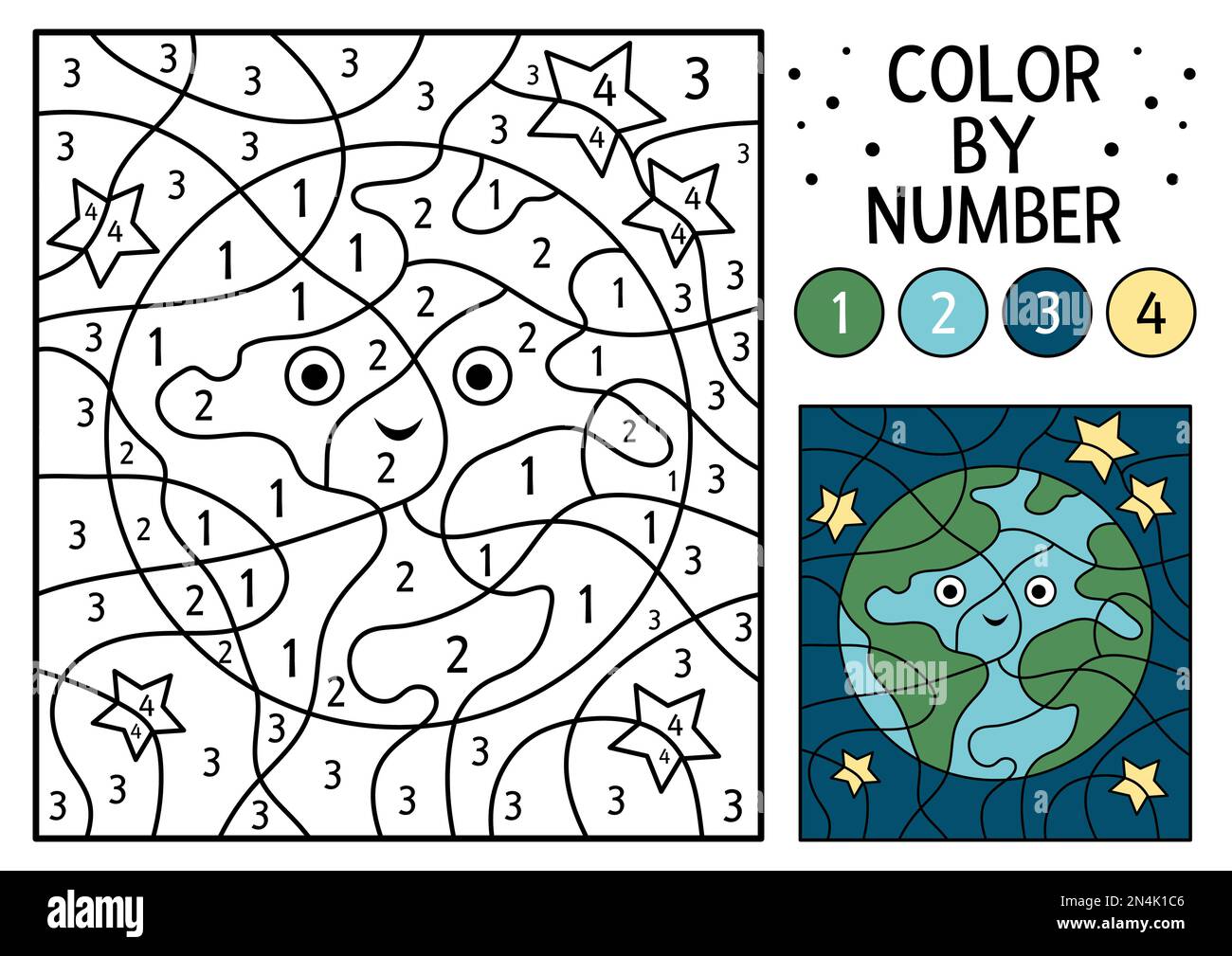 Vector space color by number activity with earth planet astronomy coloring and counting game with cute stars funny cosmos coloration page for kids stock vector image art