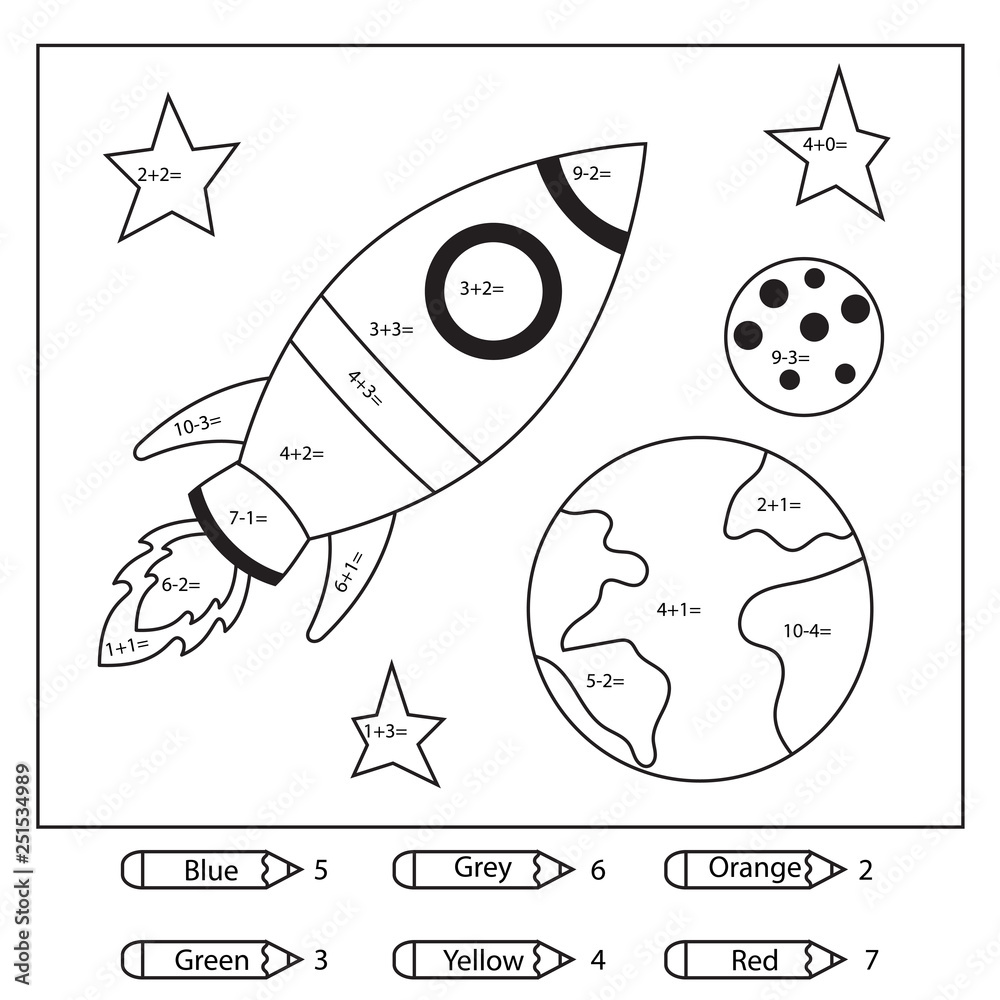 Educational coloring page for kids paint color by subtraction and addition numbers cartoon rocket earth and moon space theme vector illustration vector