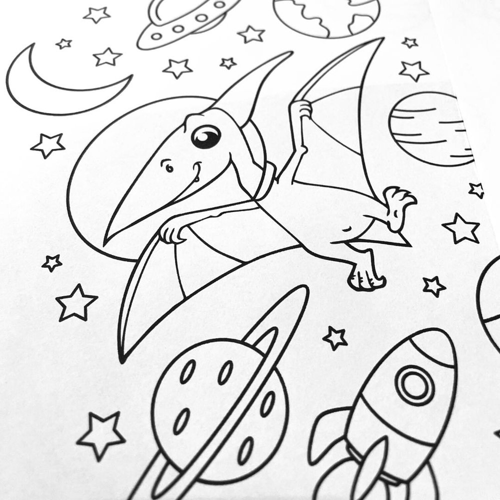 Dinos in space coloring page â custom coloring books curious custom made in the usa