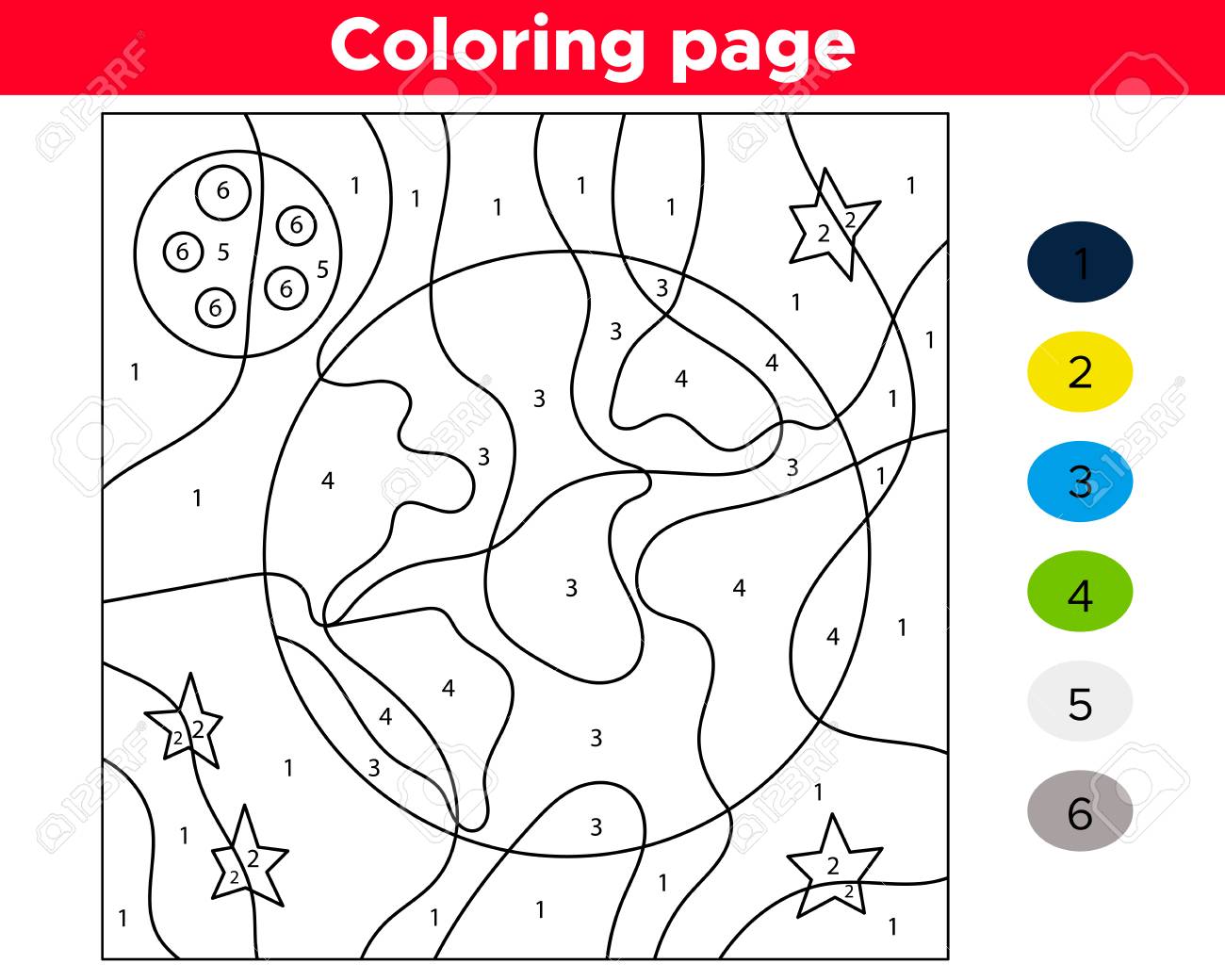 Number coloring page for preschool kids educational game earth day vector space moon and stars royalty free svg cliparts vectors and stock illustration image