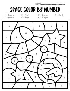 Color by number space preschool worksheets