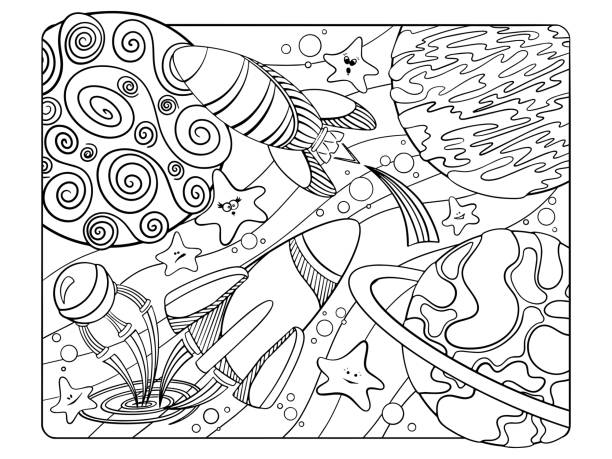 Space coloring page antistress for kids and adults stock illustration