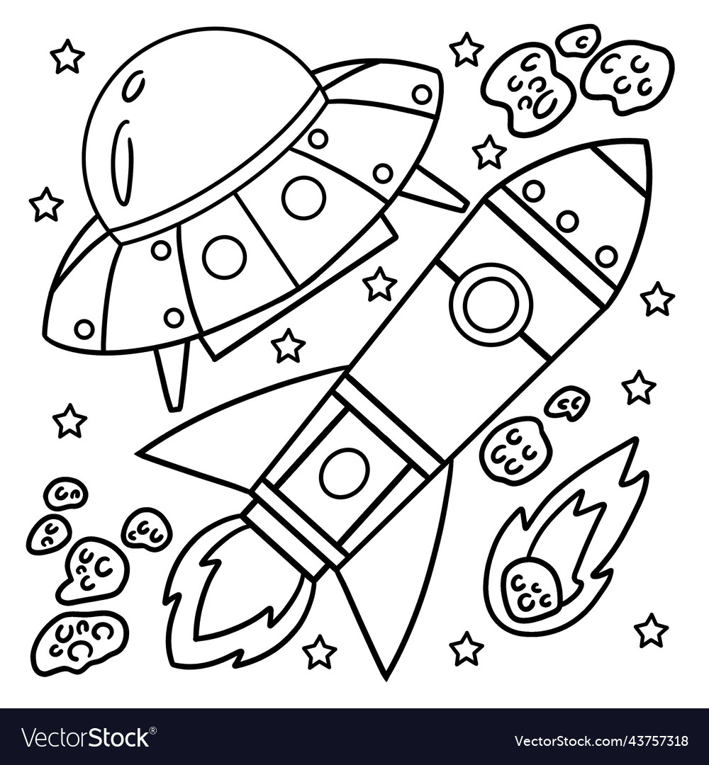 Ufo and rocket ship in space coloring page vector image