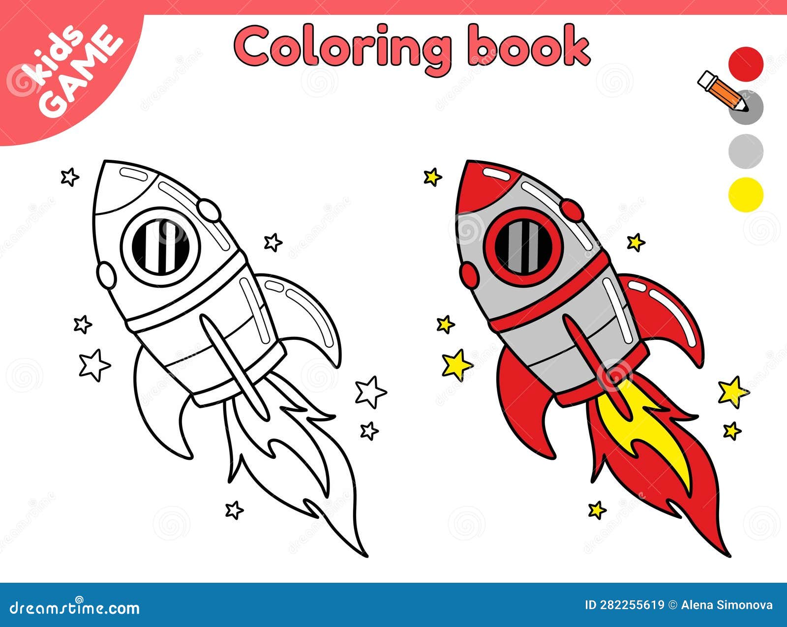 Coloring book with flying spaceship in space stock vector