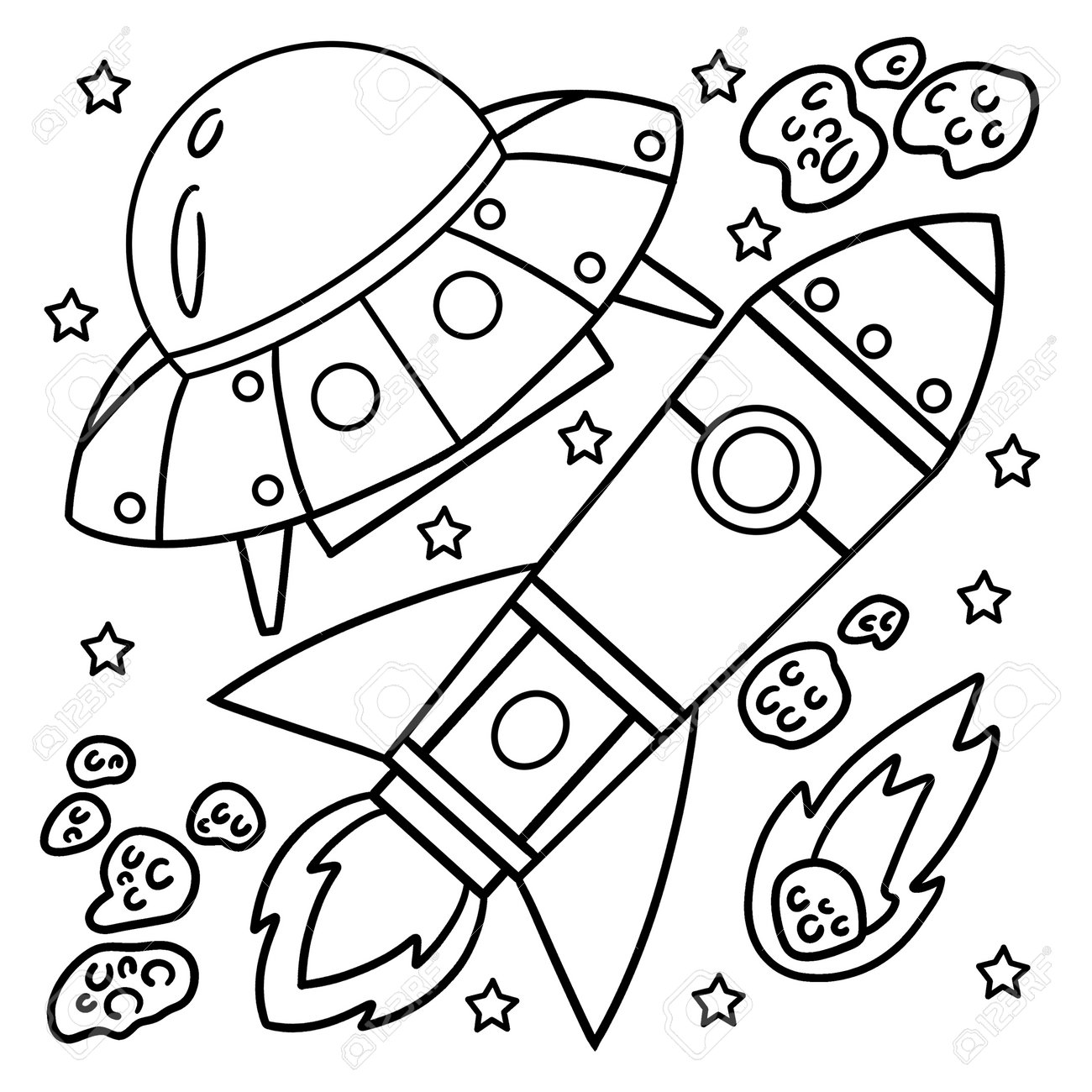 Ufo and rocket ship in space coloring page royalty free svg cliparts vectors and stock illustration image