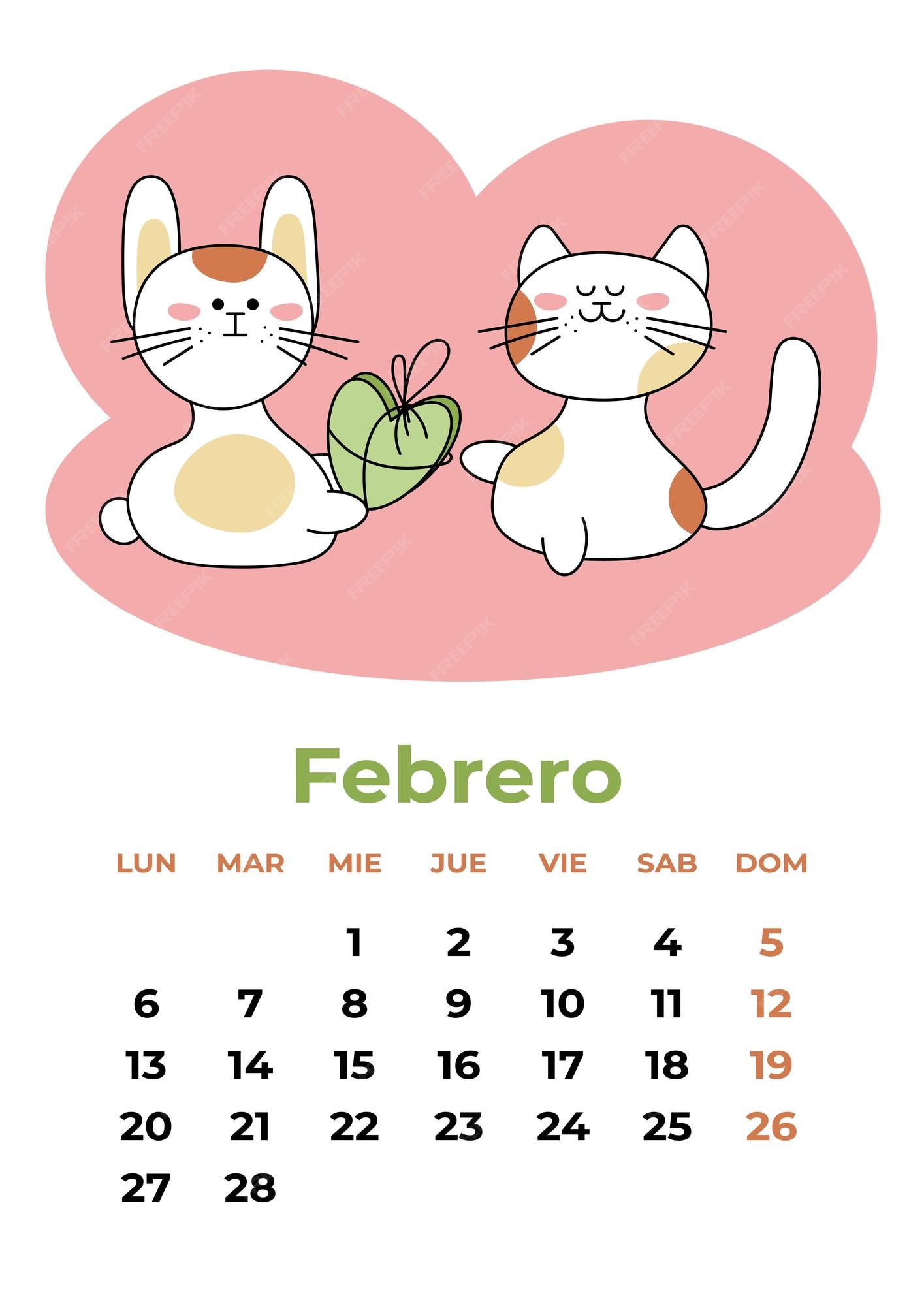 Premium vector february febrero calendar sheet in spanish with a rabbit giving a gift to a cat