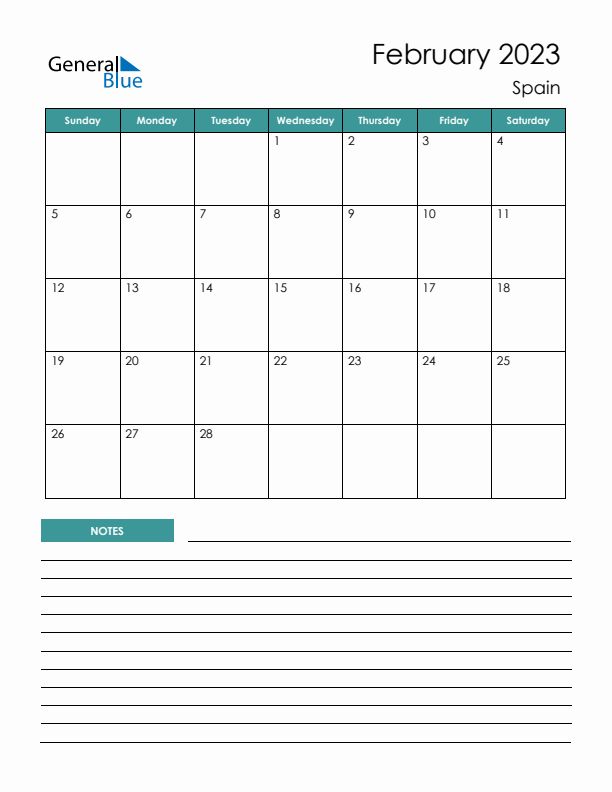 February monthly calendar with spain holidays