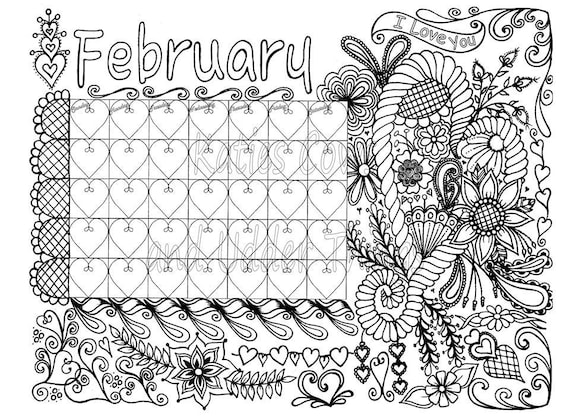 February doodled calendar coloring page
