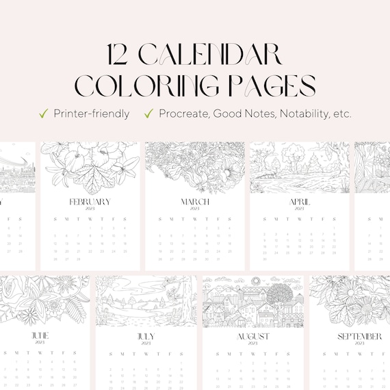 Monthly calendar coloring pages adult coloring pages stress relieve art therapy standing calendar download now