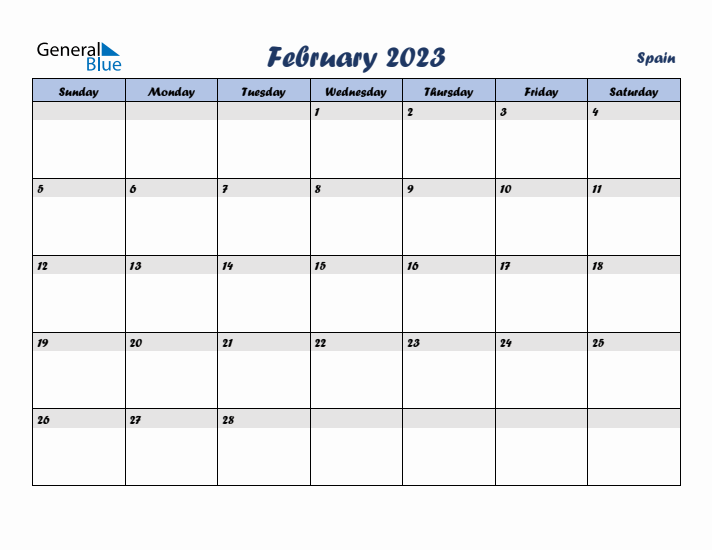 February monthly calendar with spain holidays