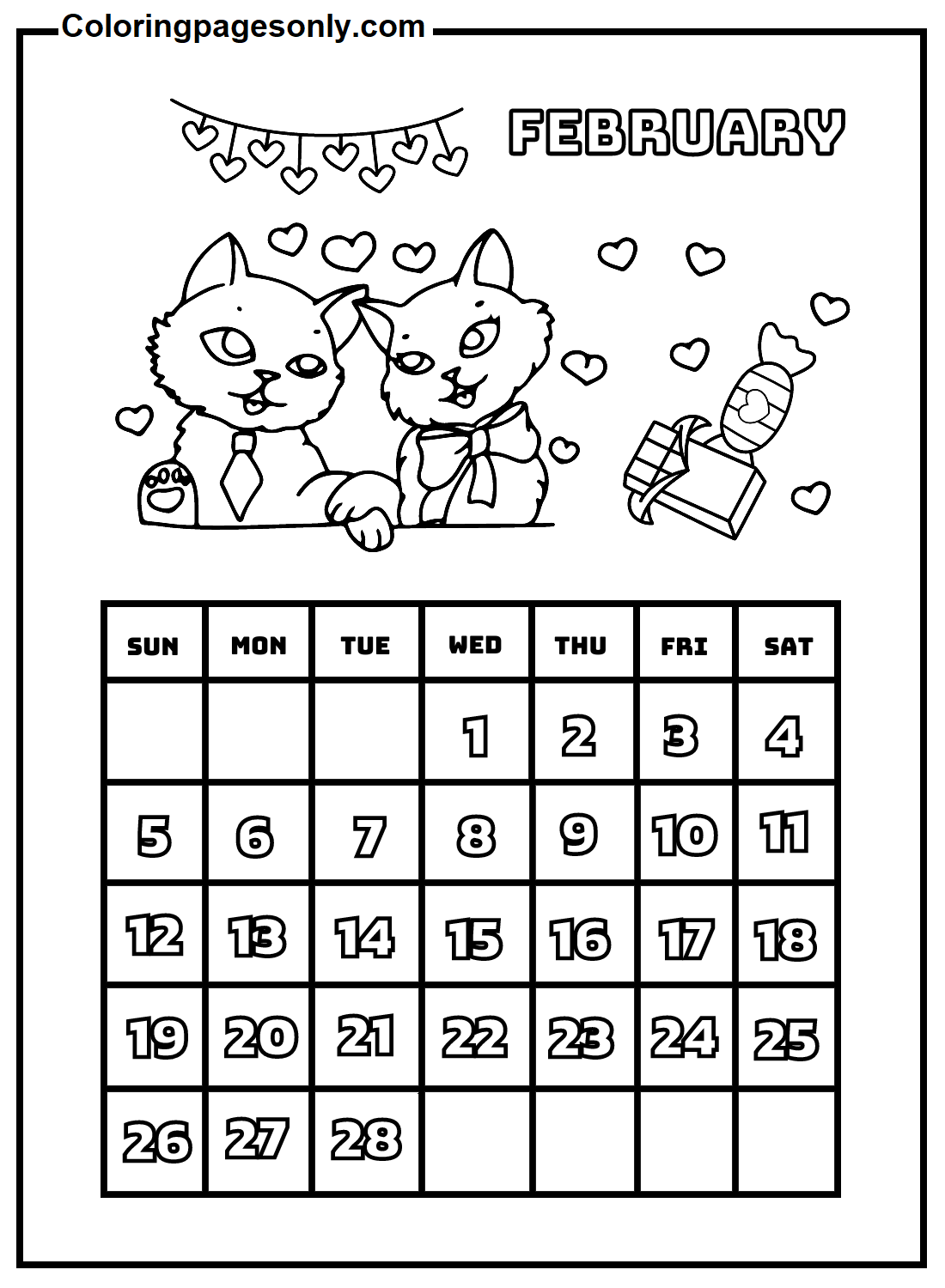 February calendar coloring page
