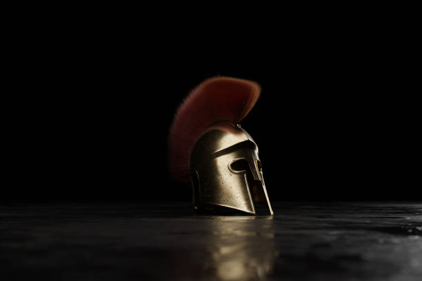 D rendering of ancient greek sparta type helmet layed on reflection surface stock photo