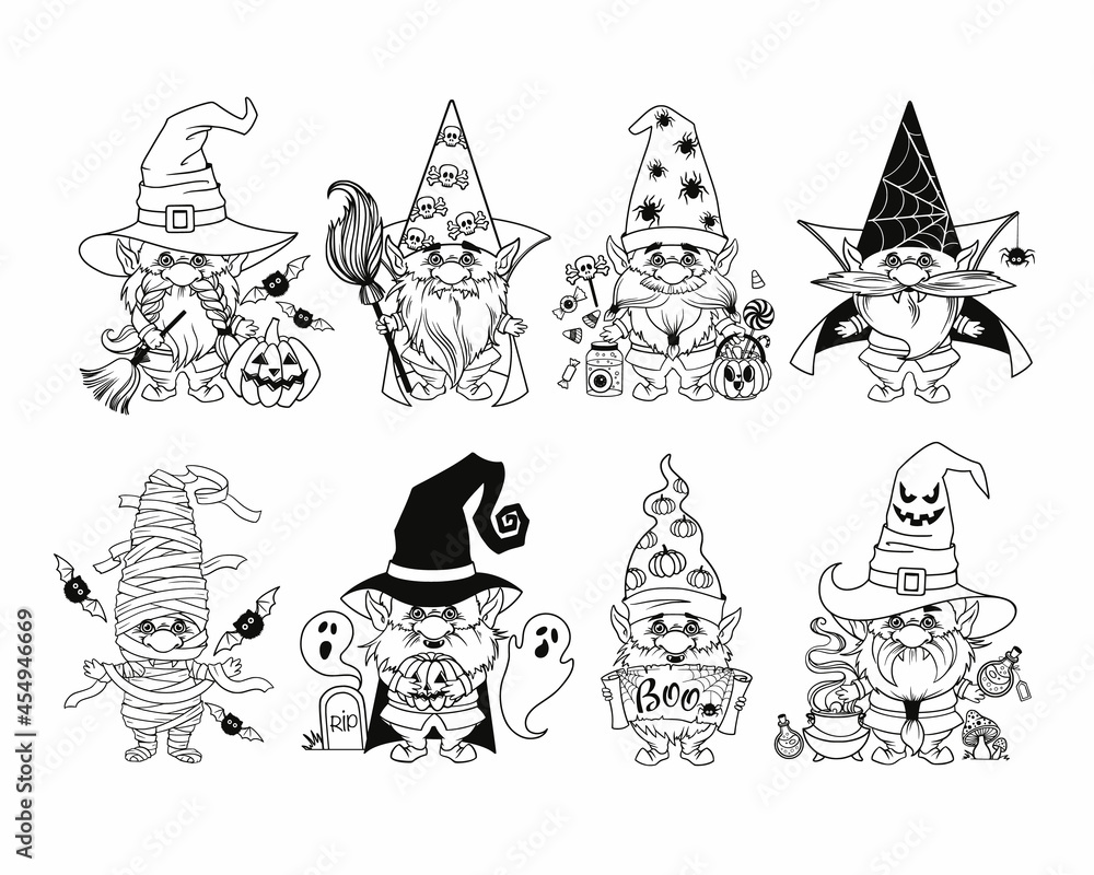 Set gnome for halloween linear pumpkin potions spider web and spider trick or treat design for thanksgiving day cartoon spooky dwarf vector line art for printable greeting cards and coloring pages