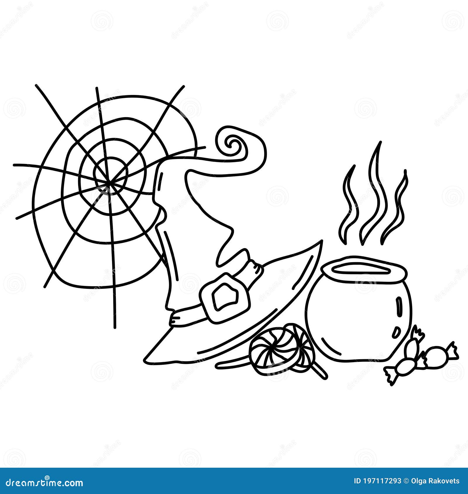 Halloween coloring page witch hat spider web and cauldron holiday attributes on the theme of horror stories stock vector