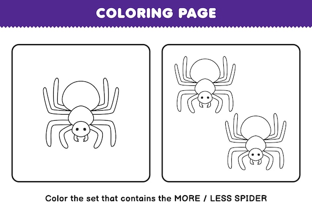Premium vector education game for children coloring page more or less picture of cute cartoon spider line art set printable bug worksheet