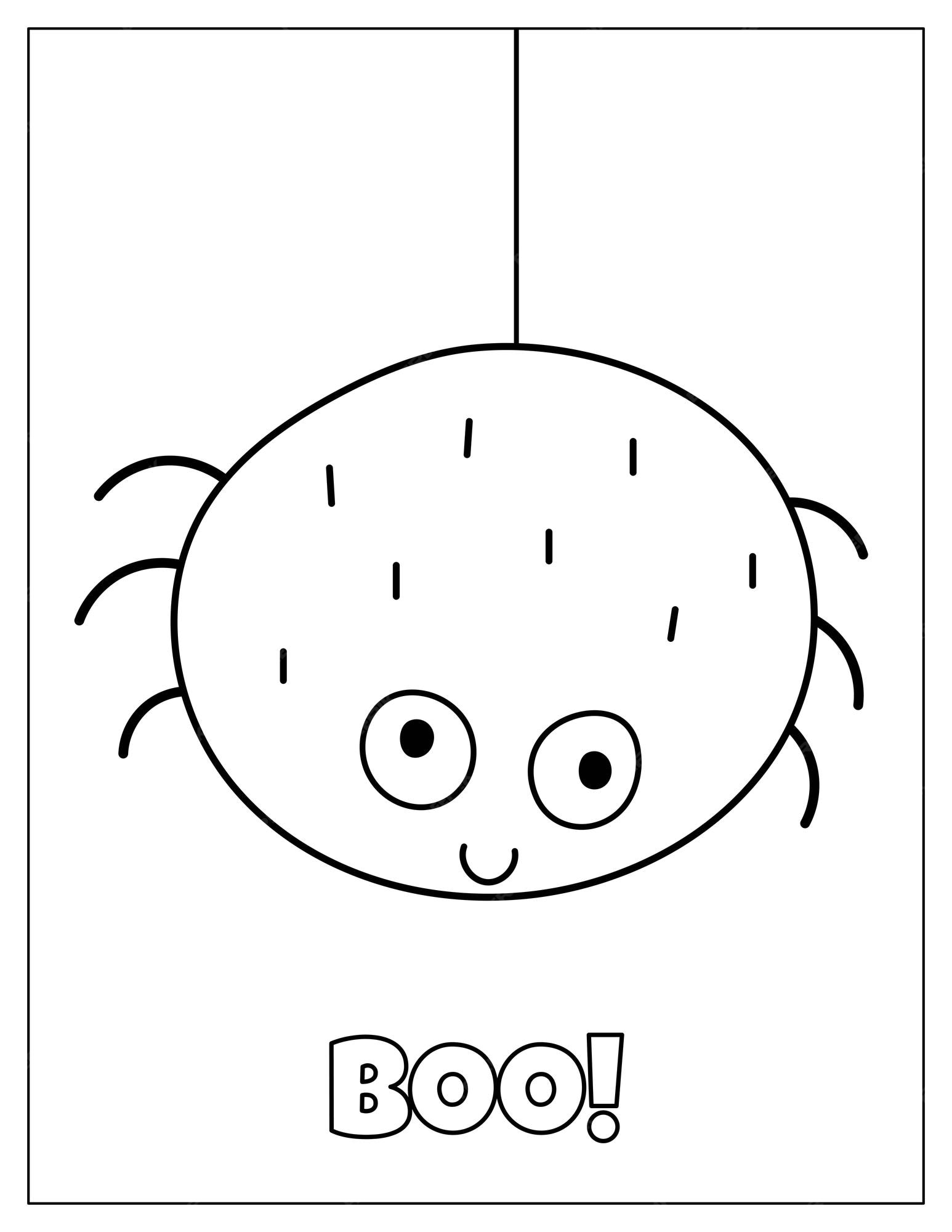 Premium vector boo halloween coloring page with a cute spider hanging on a web kids print for coloring book
