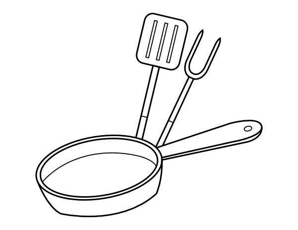 Printable cooking pan and utensils coloring page