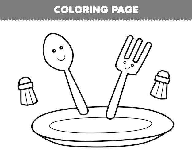 Premium vector education game for children coloring page of cute cartoon plate fork and spoon line art printable tool worksheet