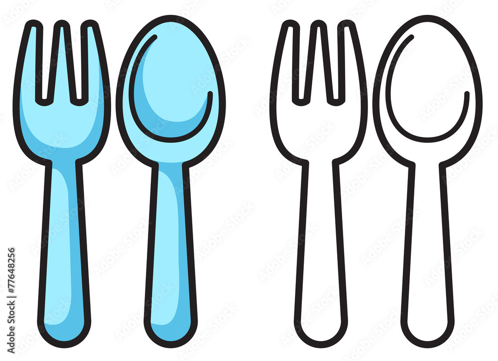 Colorful and black and white fork and spoon for coloring book vector