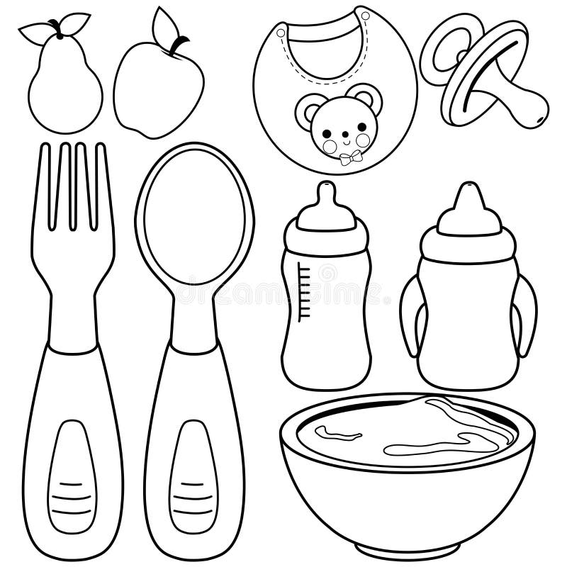 Baby food tableware set black and white coloring book page stock vector