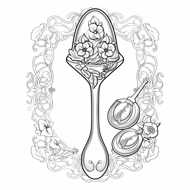 Premium ai image coloring pages for adults with spoon and spoon with flowers generative ai